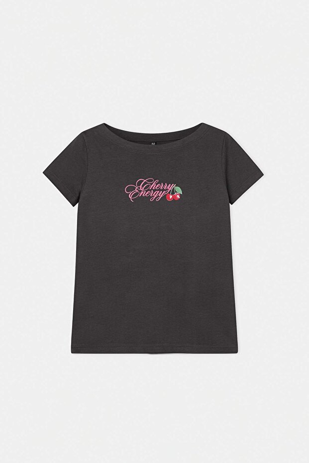 Antrasit %100 Pamuk Bisiklet Yaka Kız Çocuk Örme T-Shirt TKDSS26TS00071 - 5