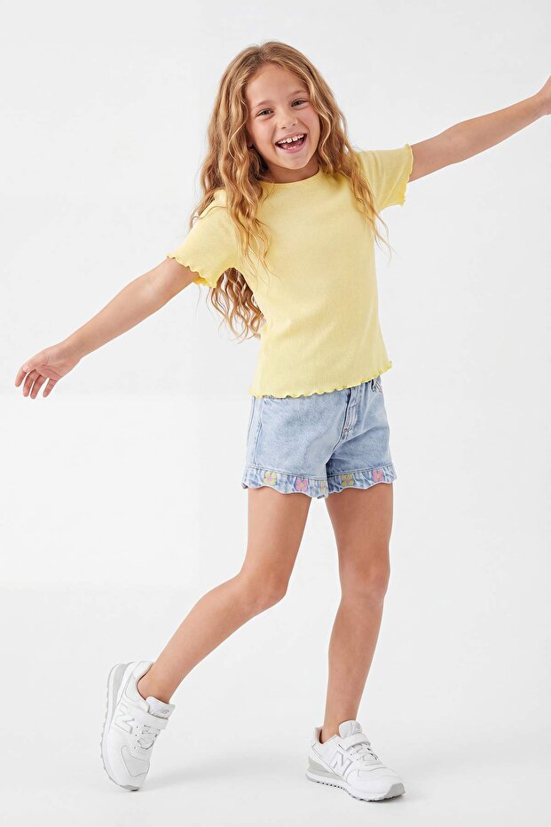 Lila-Sarı Nakışlı / İşlemeli Kız Çocuk Örme T-Shirt TKDSS25TS00027 - 4