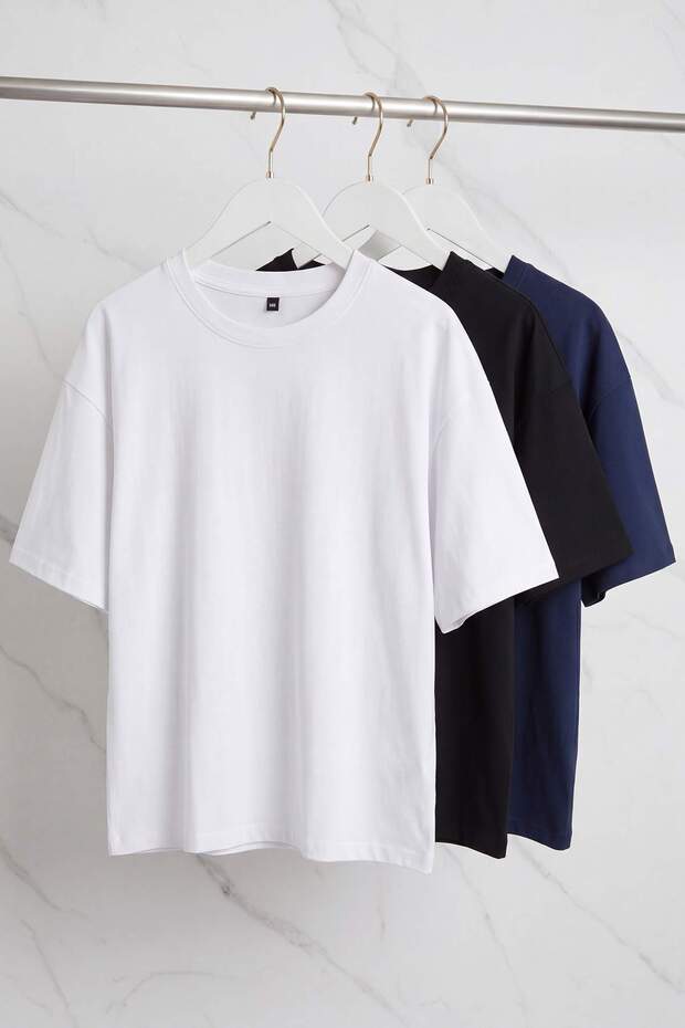 Büyük Beden Lacivert- Siyah-Beyaz 3 lü Paket  Oversize %100 Pamuk T-shirt TMNSS26BF00005 - 11