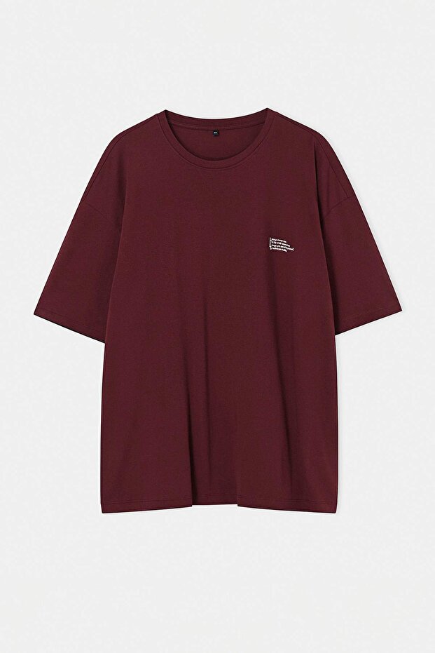 Büyük Beden Bordo Oversize/Geniş %100 Pamuk Slogan Baskılı T-Shirt TMNSS26BF00004 - 4
