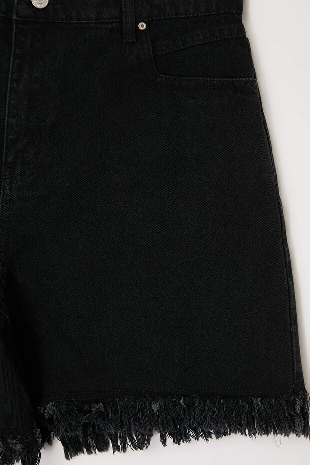 Siyah Yırtıklı Yüksek Lastikli Bel Mini %100 Pamuk Non-Stretch Büyük Beden Denim Şort TBBSS26AP00022 - 5