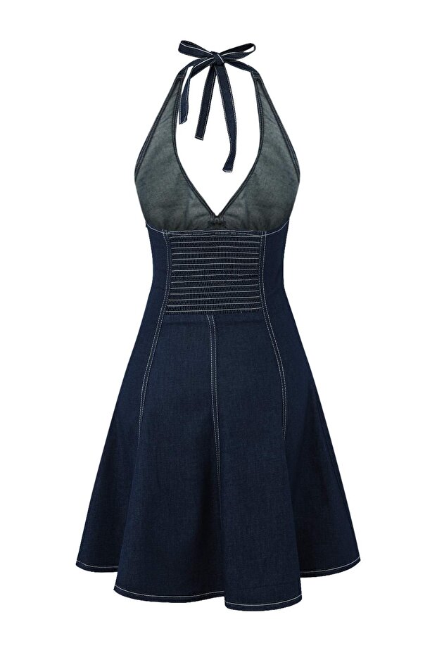 Teen Koyu Mavi Boyundan Bağlamalı Orta Esnek Mini Denim Elbise TWOSS26EL00354 - 6