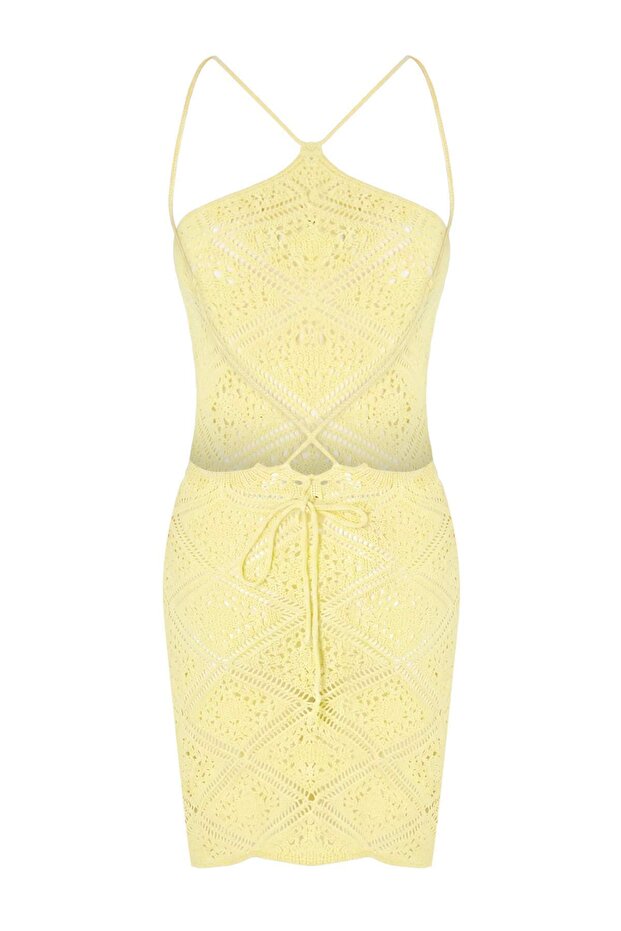 Sarı Örme Mini Halter Yaka Plaj Elbisesi TBESS26EL00046 - 5