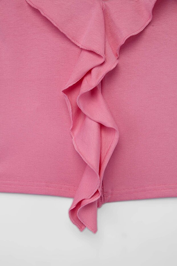 Pembe Pembe Askılı Fırfırlı Fitted/Vücuda Oturan Örme Büyük Beden Bluz TBBSS26AF00163 - 6