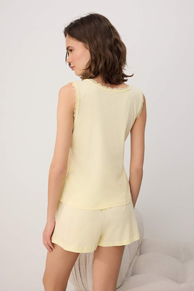 Sarı %100 Pamuklu Baskılı Dantel Detaylı Örme Pijama Takımı THMSS26PT00175 - 4