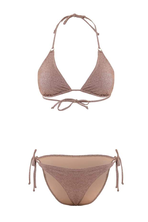 Kahverengi Simli Üçgen Kaplı Tokalı Normal Bel Regular Bikini Takımı TBESS26BT00046 - 4