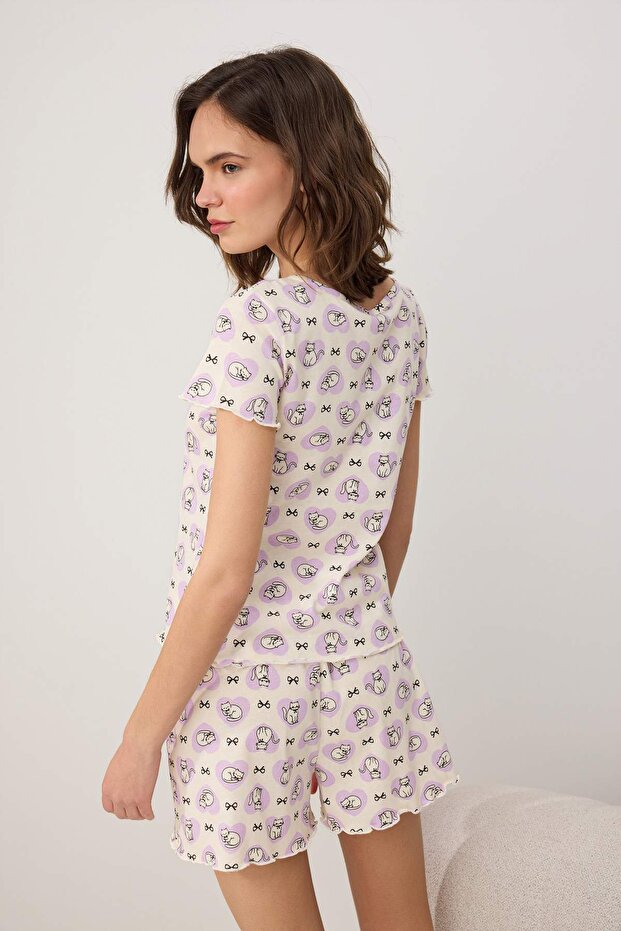 Lila %100 Pamuklu Kedi ve Kurdele Baskılı Örme Pijama Takımı THMSS26PT00173 - 4