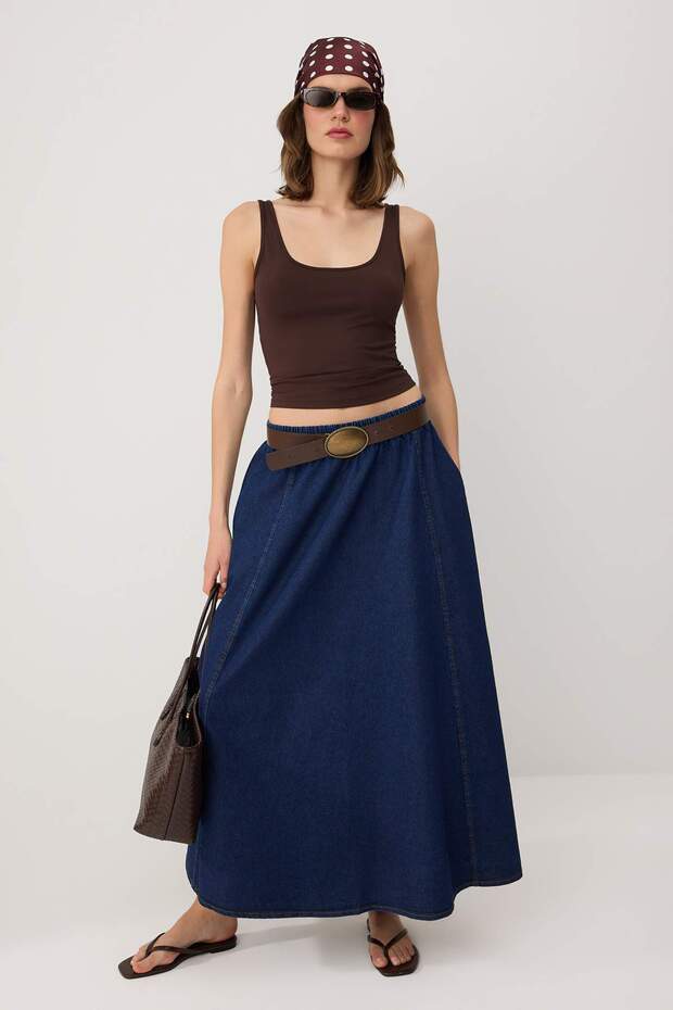 Lacivert Volanlı Maxi Denim Etek TWOSS26ET00202 - 2
