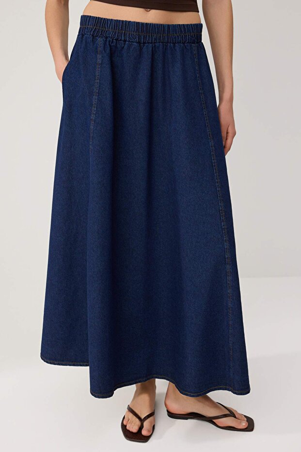 Lacivert Volanlı Maxi Denim Etek TWOSS26ET00202 - 4