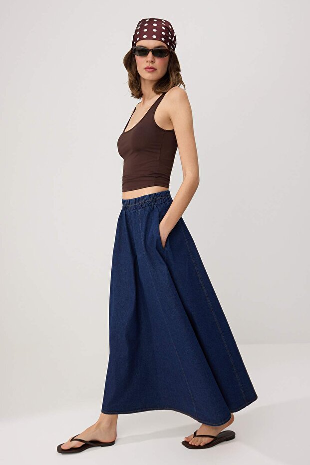 Lacivert Volanlı Maxi Denim Etek TWOSS26ET00202 - 3