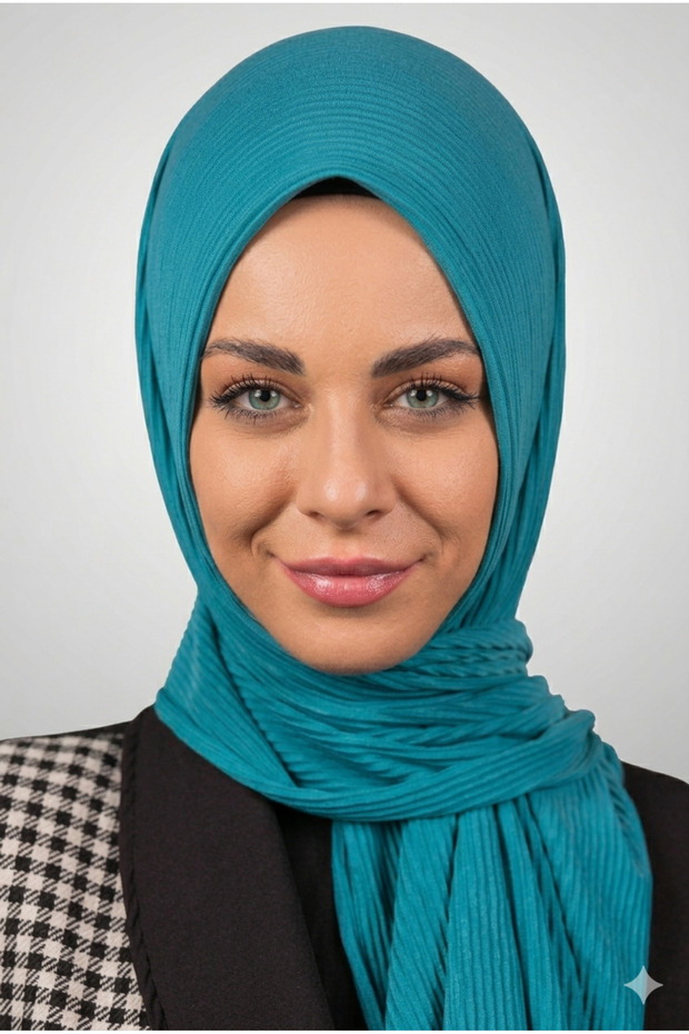 Practical Pleated Shawl Ready to Wear Organic Light Petrol Color Sponge Model