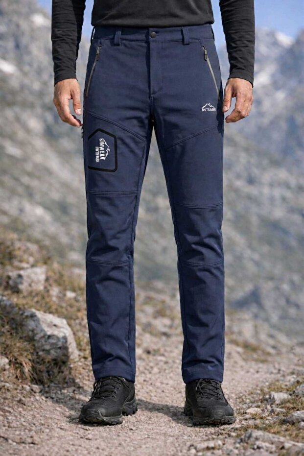 Sinwear Men's Navy Blue Winter Waterproof Windproof Outdoor Softshell Pants with Fleece Inside
