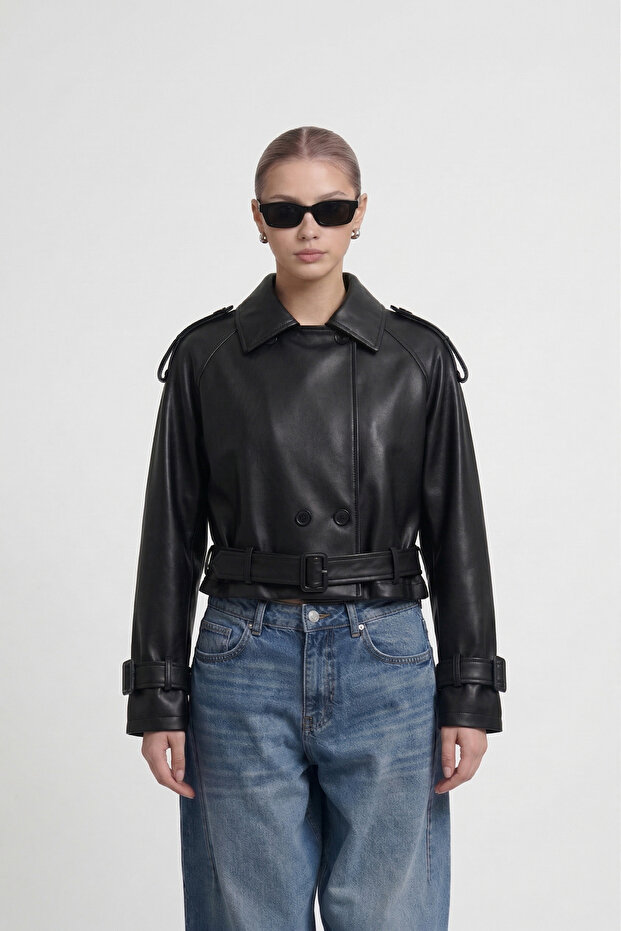 New Season Black Trendy Leather Jacket with Buttons and Belt