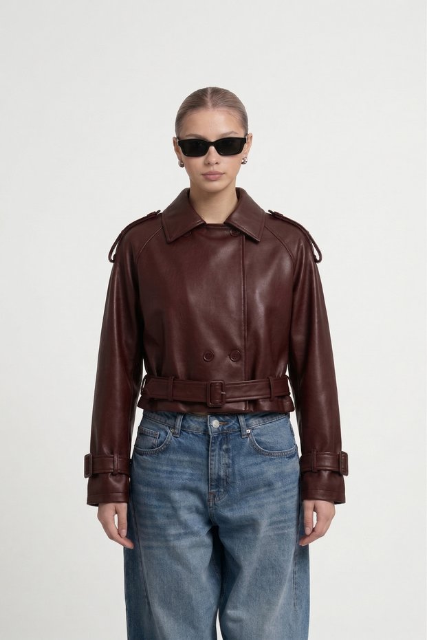 New Season Burgundy Trendy Leather Jacket with Buttons and Belt