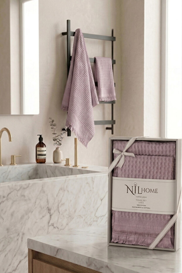 Natural 2-Piece 100% Cotton Waffle Patterned Towel Set - Fringed Bath and Hand Towels - 50X90 + 70X140 cm
