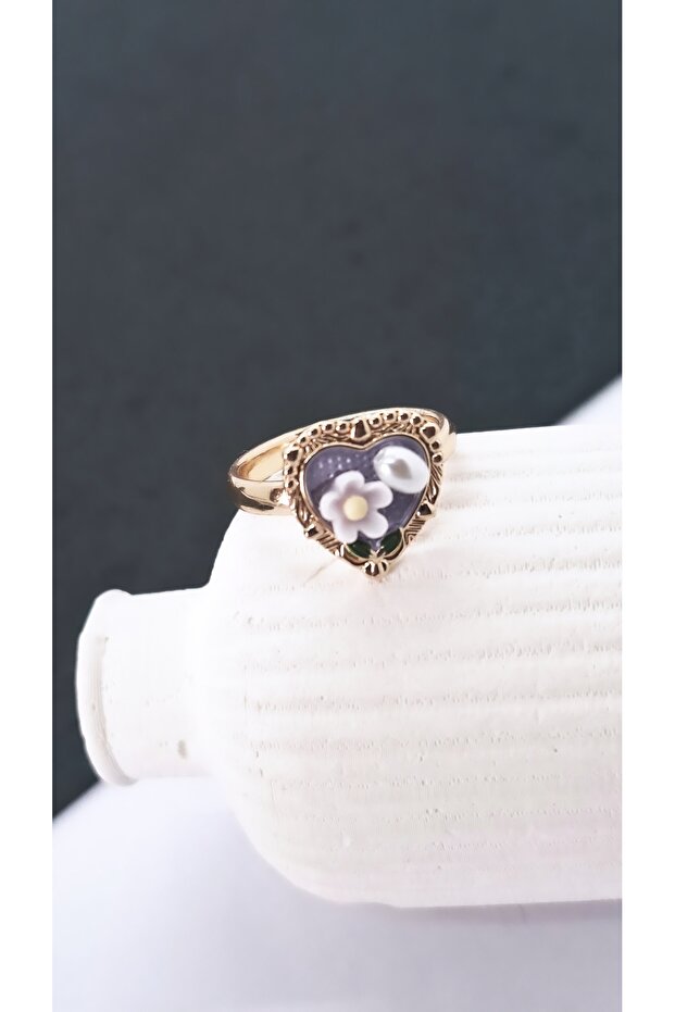 Purple White Flower Heart Figured Art Steel Ring