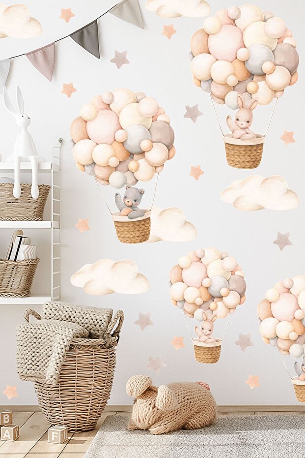 Flying Balloons Clouds Kids Room Wall Sticker Set, Cute Animals Retro Balloons Wall Decor