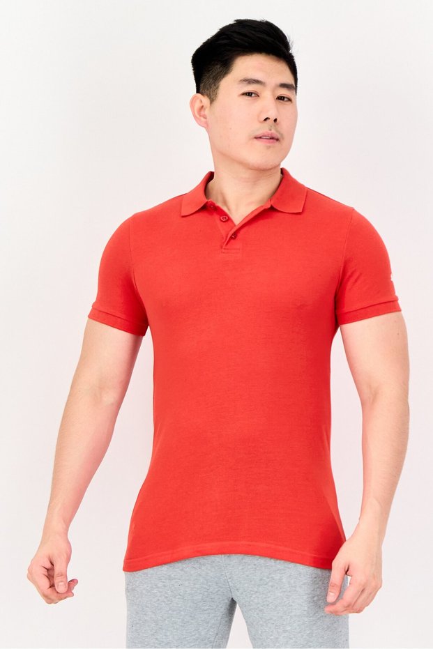 Men Slim Fit Embroidered Logo Short Sleeves Outdoor Polo Shirt, Red