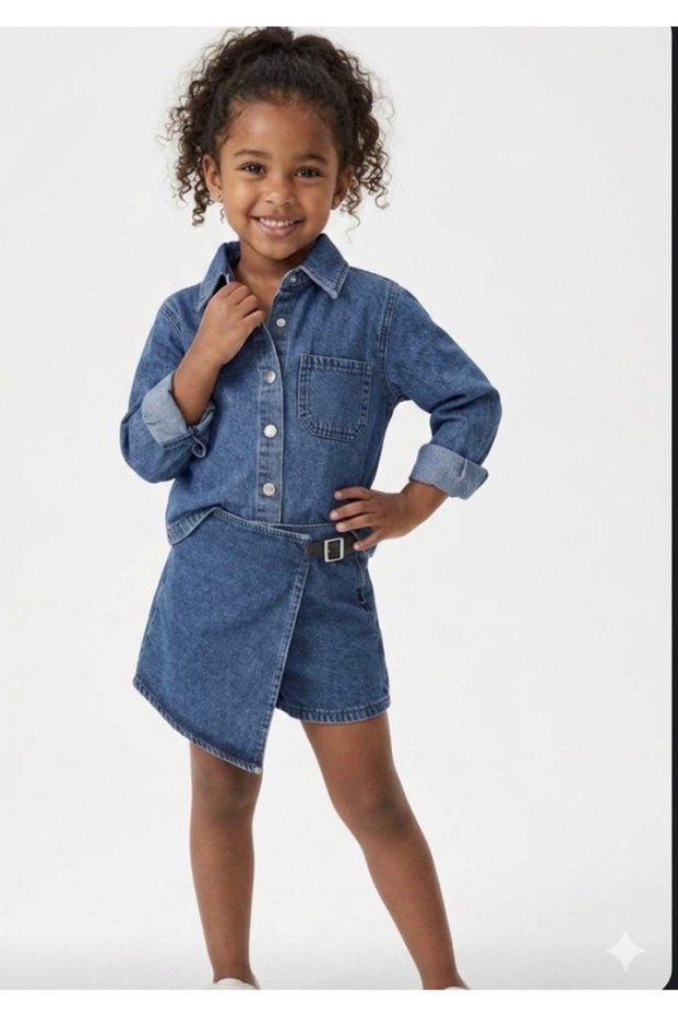 Girl's Jean Set - Denim Jacket with Pockets and Shorts Skirt Set with Belt Detail - Anthracite Blue