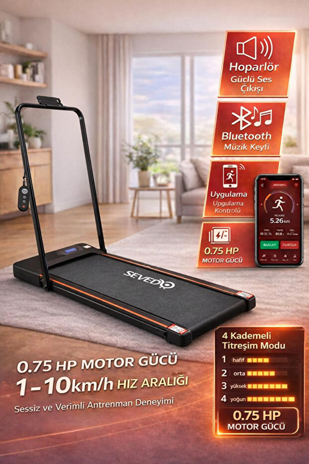 Sevedo 2 in 1 Titreşim Modlu Koşu ve Yürüme Bandı 1-10 Km/H Bluetooth Hoparlör Uygulama Destekli 0.75 HP