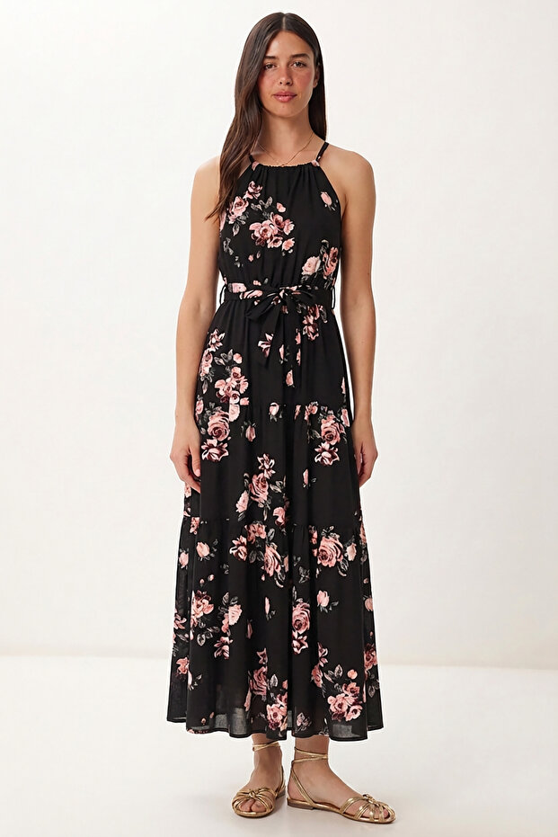 Patterned Belted Summer Viscose Dress Lzv0063 Black Pink