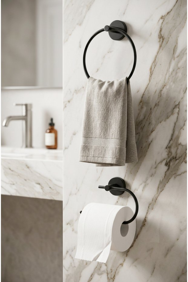 Bathroom Accessory Set Round Towel Holder Coverless Toilet Paper Holder You Can Either Paste or Assemble