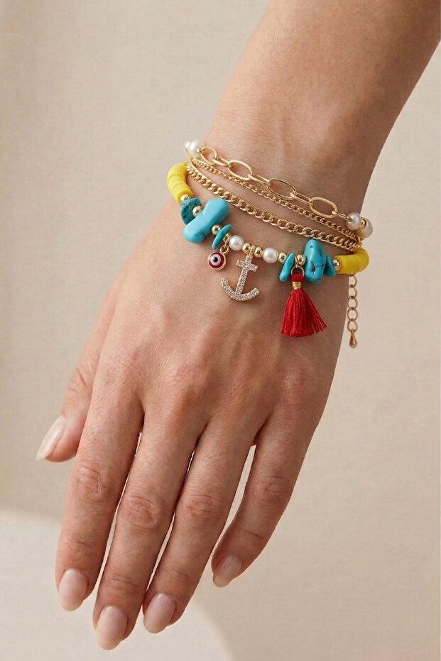 Stone Anchor Tassel Fimo Turquoise Bracelet