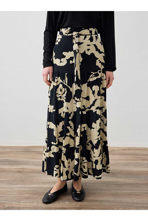 Printed Viscous Skirt - Black - Beige Patterned - Refka - 3