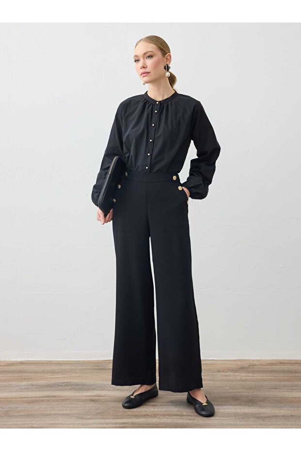 High Waist Gold Buttoned Wide Leg Trousers - Black -