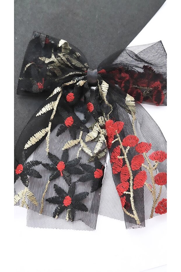 Women's Ribbon Figure Black Tulle Latch Buckle