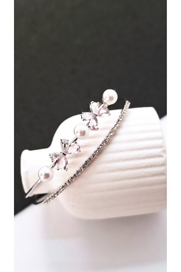 Bow Figured Butterfly Pink White Zircon Steel Bracelet