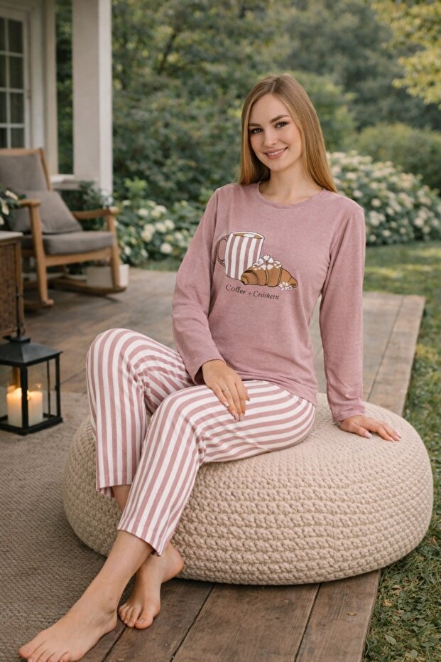 Women's Cup Printed Single Jersey Long Sleeve Pajama Set