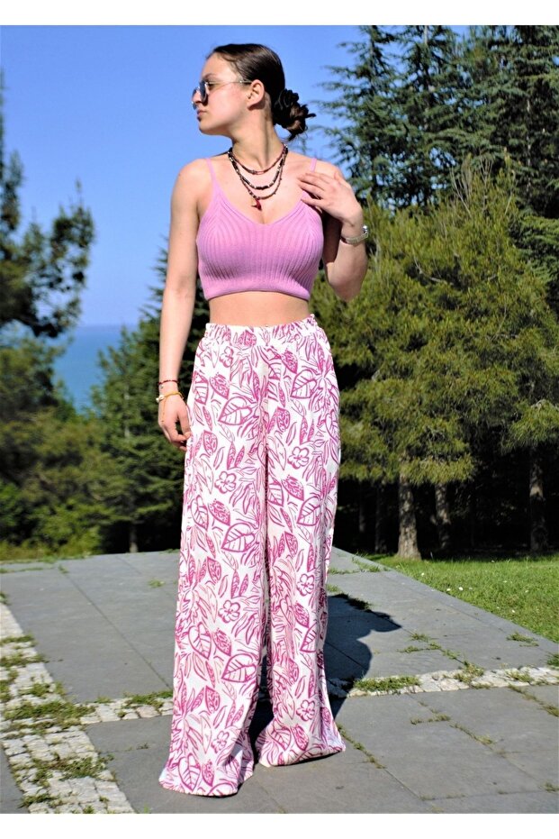 Women's Linen Fuchsia White Patterned Elastic Waist Pocketed Wide-Leg Oversized Casual Summer Trousers 3369187