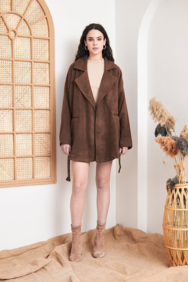Women's Stamp Brown Pocket Belted Jacket Collar Unlined Short Oversize Winter Cardigan Coat3296300