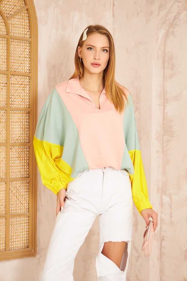 Women's Polo Collar Batwing / Elastic Cuff Sleeve Loose Sweatshirt Blouse Powder Green Yellow 3473270