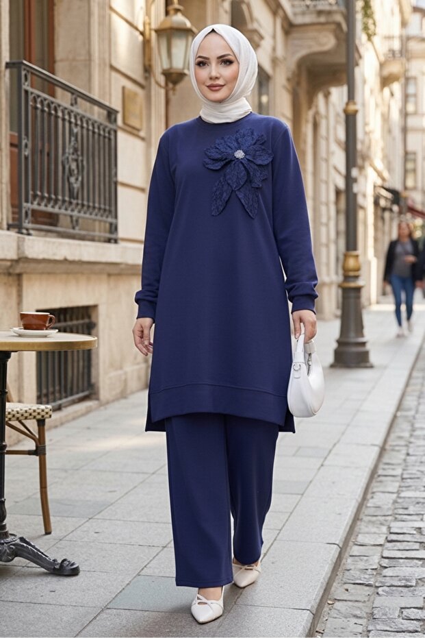 Floral Detail Double Suit 1662 - Navy Blue