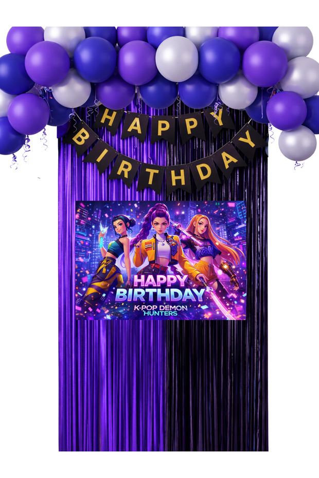 Kpop K-Pop Demon Hunters Birthday Curtain & Happy Birthday Banner Party Supplies Ornaments 50X70 cm