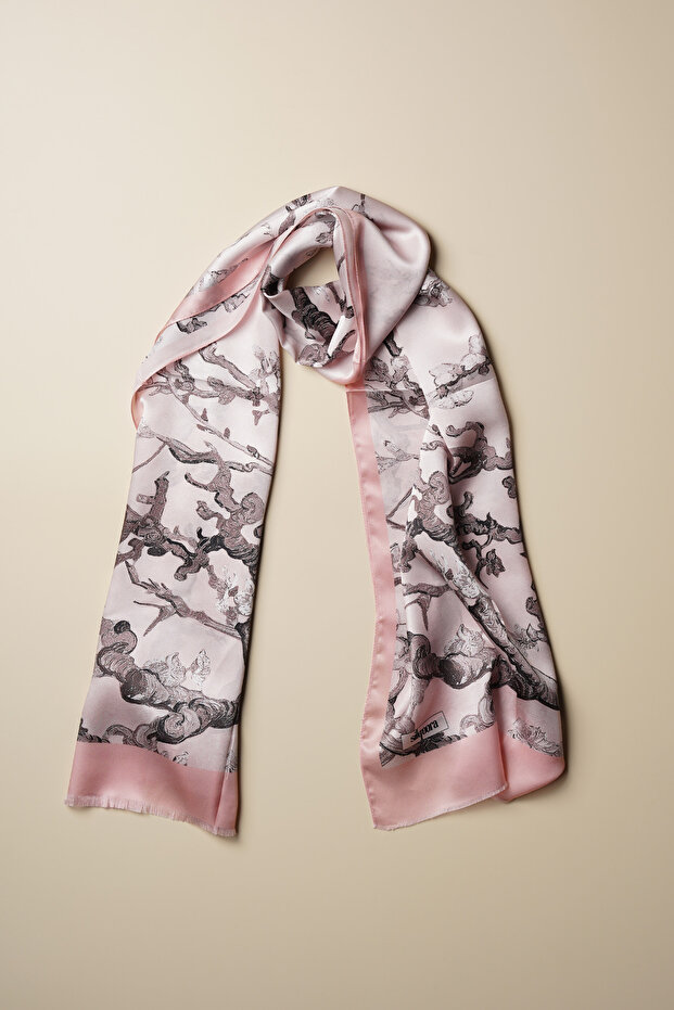 100% Silk Shawl Scarf (45X165 cm)-Vincent Van Gogh (Almond Tree Pink)