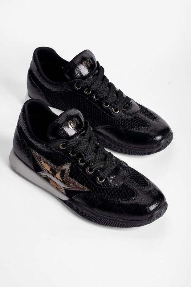 Women's Sneaker Mesh Patent Leather Detailed Leopard Star Sports Shoes İlya Black