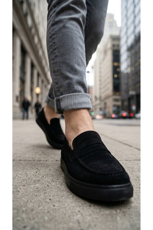 Men's Black Suede Casual Laceless Loafer Classic Daily Black Sole Lightweight Shoes