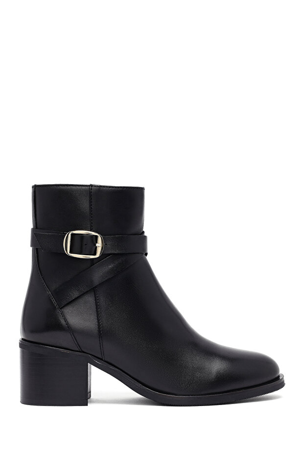 Women's Black Zippered Thick Heeled Leather Boots 25Wfd281518
