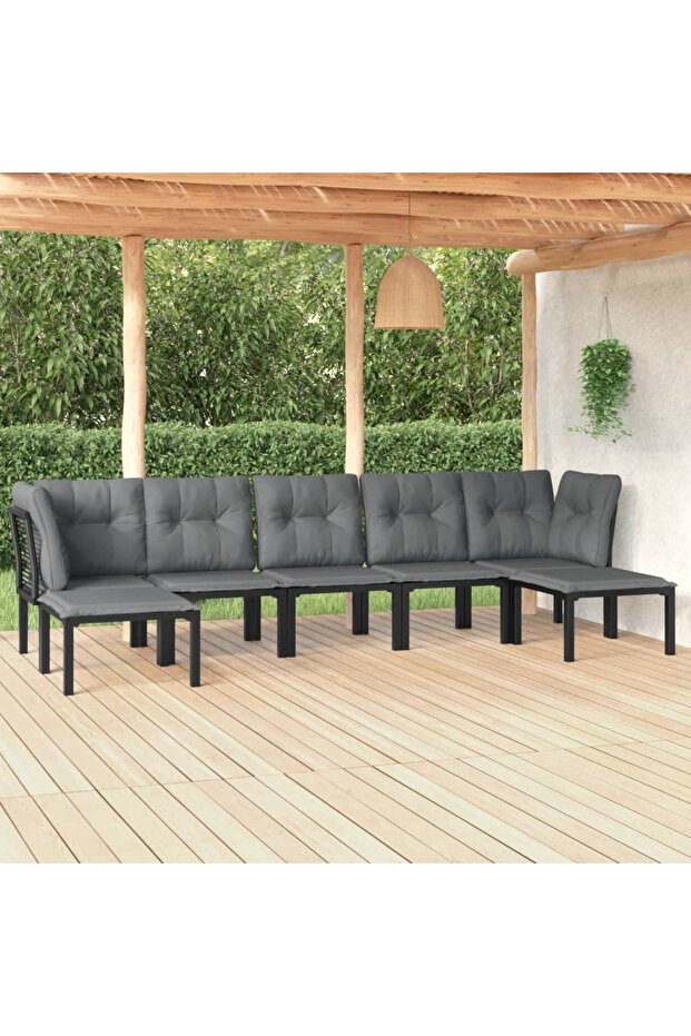 7 Piece Garden Lounge Set Black and Grey Poly Rattan