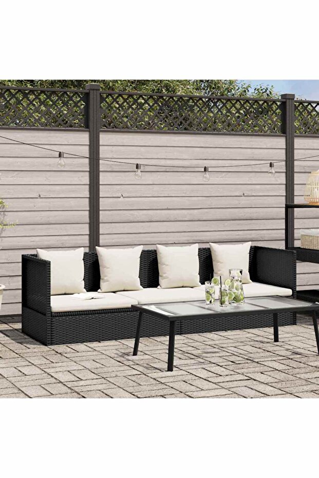 Garden Bed with Cushion & Pillows Poly Rattan Black
