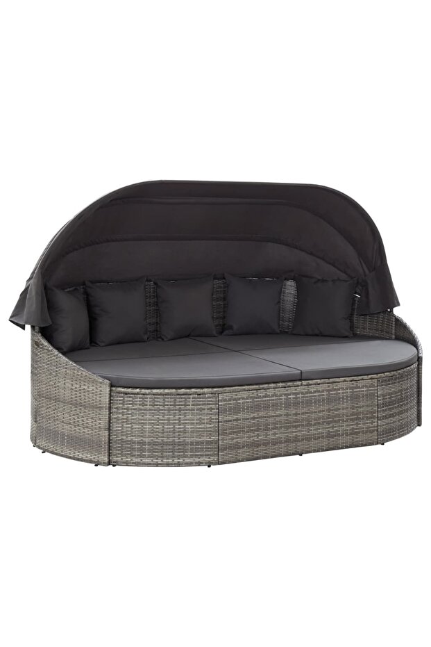 Outdoor Lounge Bed with Canopy Poly Rattan Grey