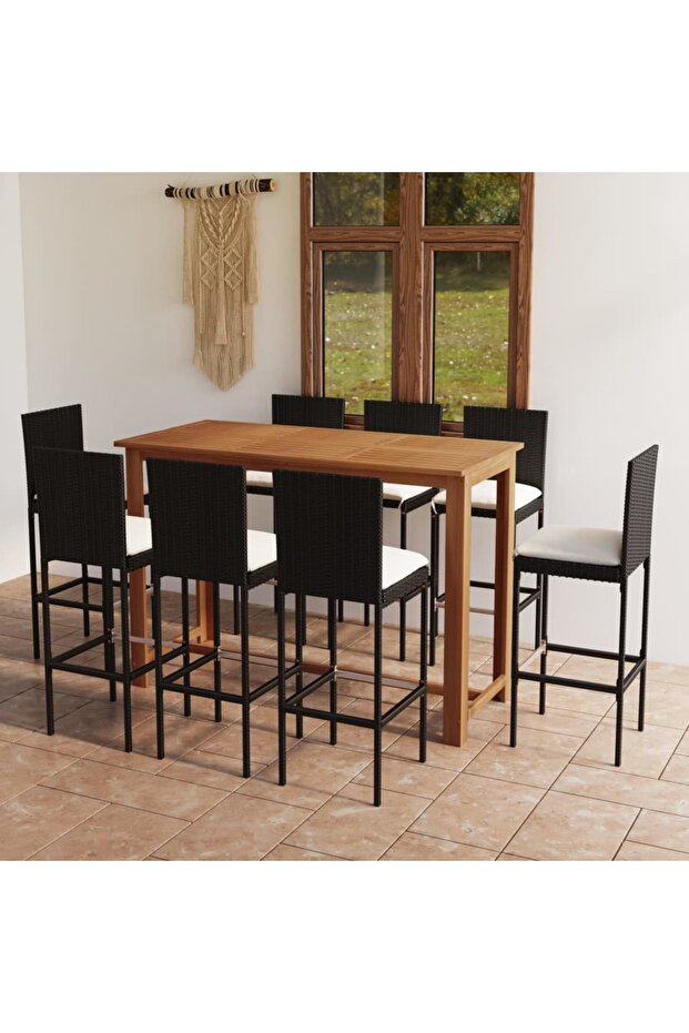 9 Piece Garden Bar Set with Cushions Black