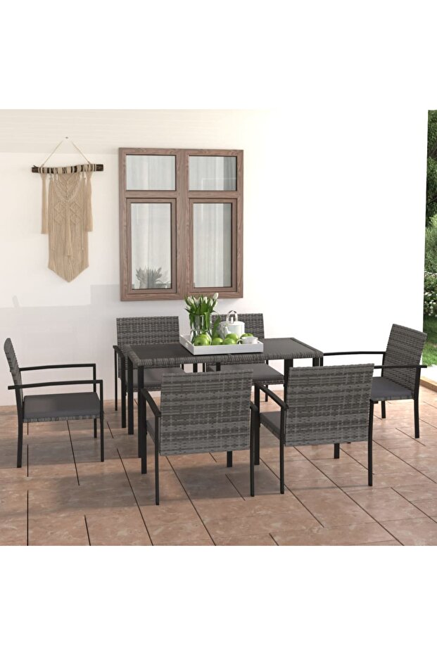 7 Piece Garden Dining Set Poly Rattan Grey