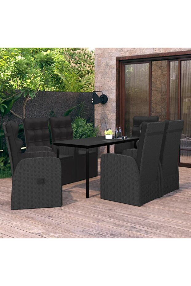 7 Piece Garden Dining Set with Cushions Black