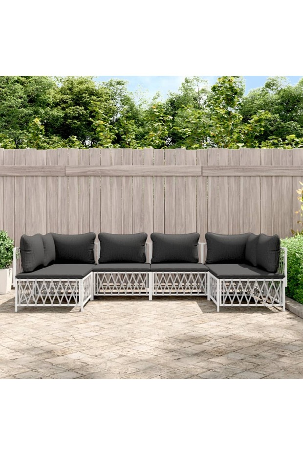 6 Piece Garden Lounge Set with Cushions White Steel
