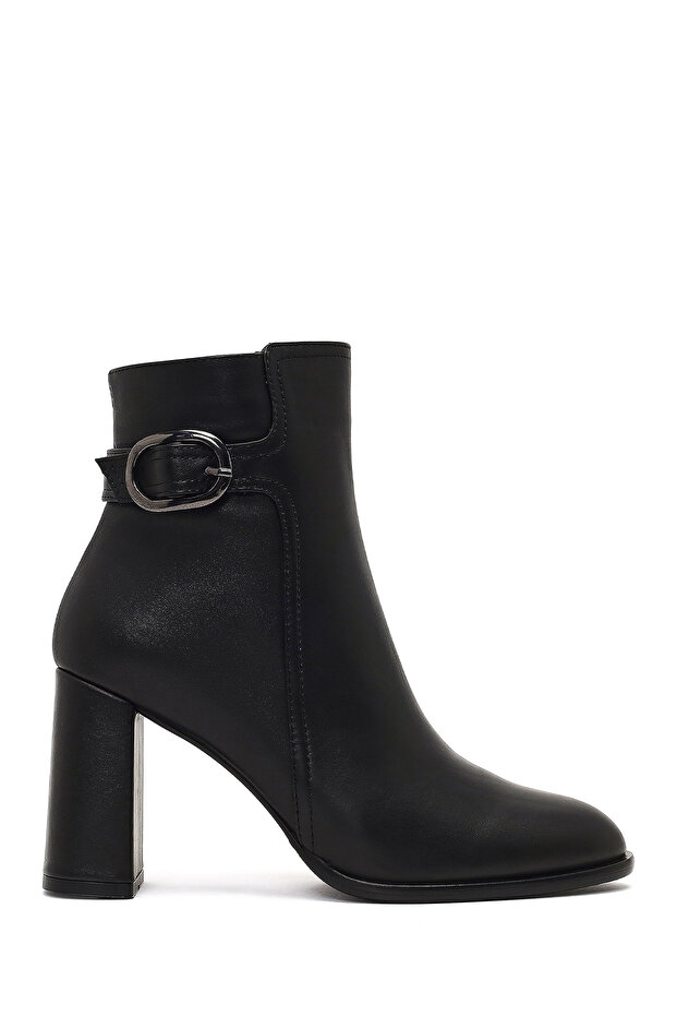 Women's Black Buckle Zippered Thick Heeled Leather Boots 25Wfd132718