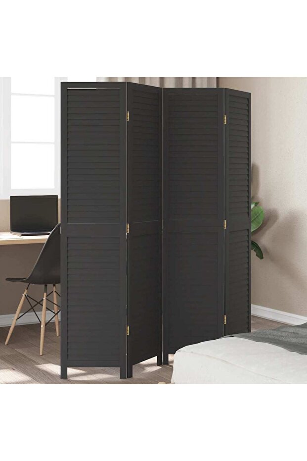 Room Divider 4 Panels Black Solid Wood Paulownia